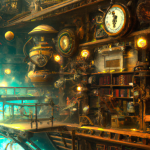 “A digital illustration of a steampunk library with clockwork machines, 4k, detailed, trending in artstation, fantasy vivid colors”